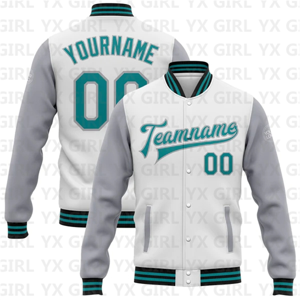 Varsity Jacket Letterman - Personalizzato bianco Teal grigio-nero Bomber Full-Snap